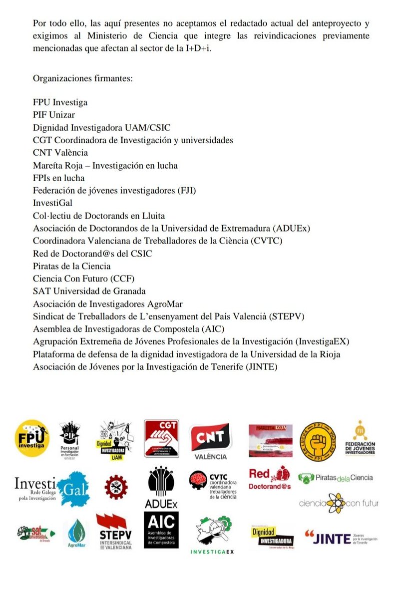 Aquí el manifiesto que se leyó ayer en distintas ciudades del Estado para pedir una reforma de la #LeyDeLaCiencia sensible a las necesidades del sector. Esperamos que no dejen pasar esta oportunidad. CC: @desdelamoncloa @CienciaGob @Haciendagob @territorialgob @UniversidadGob