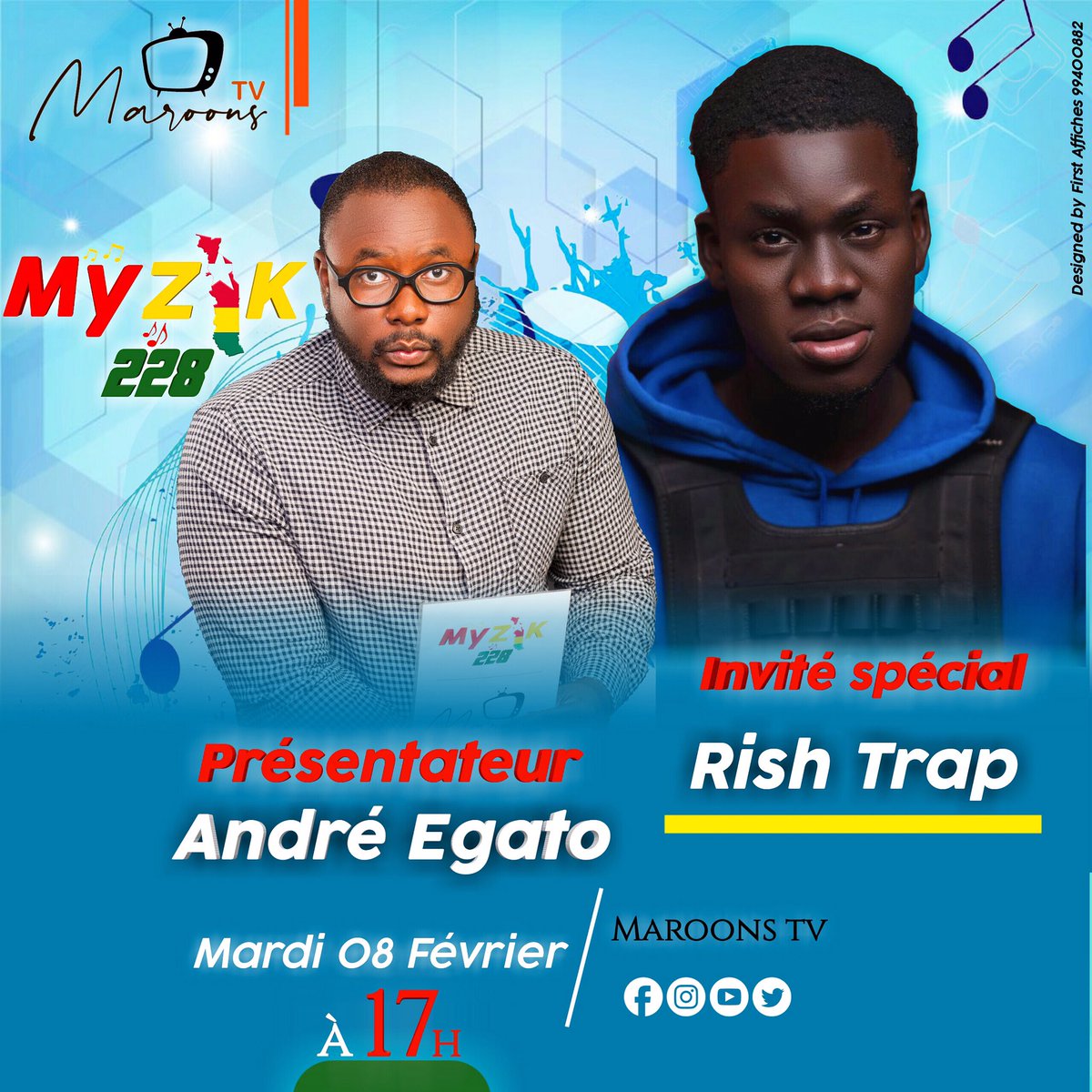 MaroonsTv's tweet photo. 🔔N’oubliez pas notre rendez-vous de ce soir dans MyZik 228 avec @EgatoAndre qui reçoit dans la rubrique L’Invité du Jour, le “To Clever” hit maker Rish Trap .

Rendez-vous à 17h sur notre chaîne YouTube, à ne surtout pas manquer🔥🔥

📲MAROONS TV: https://t.co/euaVWQ5UQu https://t.co/whR6UdRnDu