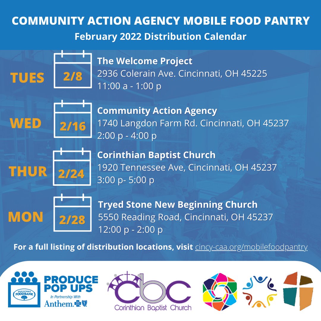 CincyCAA's tweet photo. Here is a look at our upcoming food pantry dates for the month of February. Join us TODAY, Tuesday, Feb. 8 at The Welcome Project from 11am-1pm for FREE groceries. All are welcome! Please help us spread the word! #CommunityActionWorks #ProducePopUp #MobileFoodPantry https://t.co/zC7uqApMEU