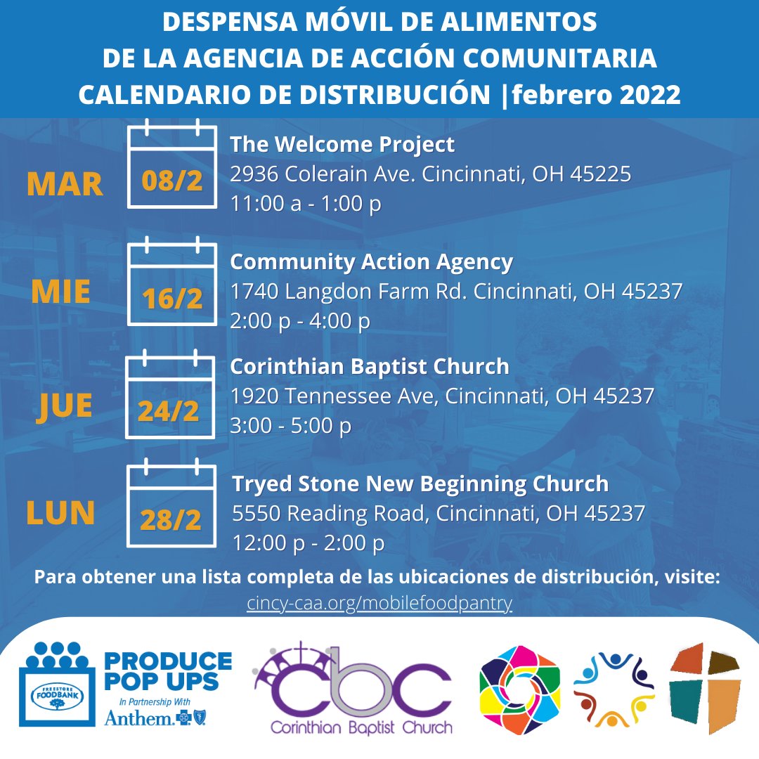 CincyCAA's tweet photo. Here is a look at our upcoming food pantry dates for the month of February. Join us TODAY, Tuesday, Feb. 8 at The Welcome Project from 11am-1pm for FREE groceries. All are welcome! Please help us spread the word! #CommunityActionWorks #ProducePopUp #MobileFoodPantry https://t.co/zC7uqApMEU