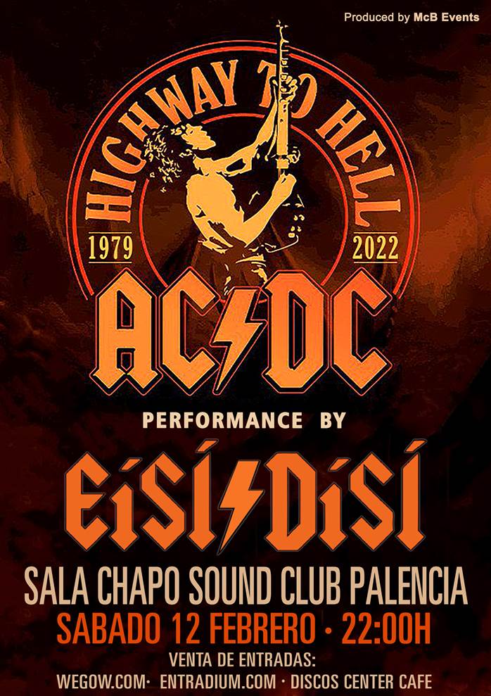 El sábado 12 de febrero estaremos en Palencia, en la sala @chaposoundclub, interpretando los mejores clásicos de la banda Australiana!

AC/DC Performance by EISI/DISI “Highway To Hell” 1979-2022
a las 21:00H. 
¿OS LO VAIS A PERDER? Disco Center Café