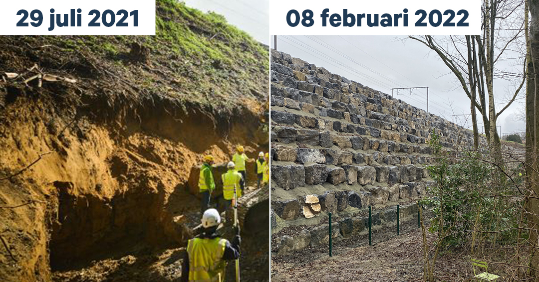 Infrabel_NL's tweet photo. Maar liefst 50.000 ton rotsblokken en steunmuren waren nodig om de 600 m lange spoorberm die door de #overstromingen in juli en september in Mont-Saint-Guibert in elkaar was gezakt, te stabiliseren. Hier is het resultaat 👇 #weareInfrabel https://t.co/wFz15gNFOb