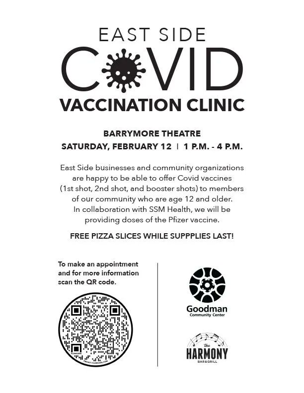 GoodmanCenterWI's tweet photo. Happening this week! Will you help us spread the word? 1st, 2nd and booster shots of the Pfizer vaccine available at the Barrymore to ages 12 and older. Free Glass Nickel Pizza and beverages included. Visit the link to learn more and sign up: https://t.co/5N2lK1X4mm https://t.co/TP5IPyagbX