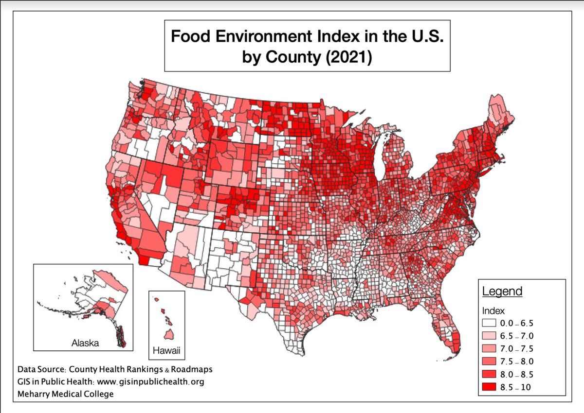 gis_meharry's tweet photo. Do you know what the Food Environment Index is? Students made depicted the FEI by county in the US using #QGIS with data from County Health Rankings and Roadmaps (2021). Definition from DC Health Matters. #GIS #Publichealth #Health https://t.co/dEKWhoD4ca