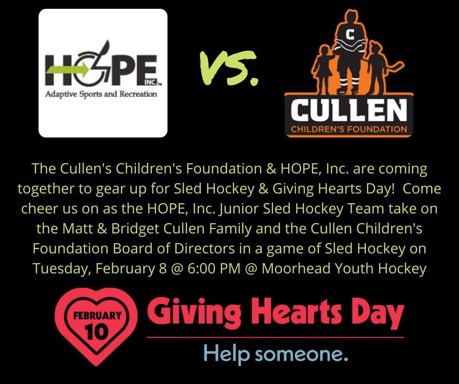 Come cheer us on tonight as <a href="/HopeIncFM/">Hope Inc</a> and the Cullen Children's Foundation team up for #GivingHeartsDay 
❤️6pm @ the Cullen Hockey Center❤️

++ Today is also the last day to make a pre-scheduled #GHD gift. 
Hope, Inc: app.givingheartsday.org/#/charity/220
Cully’s Kids: app.givingheartsday.org/#/charity/172