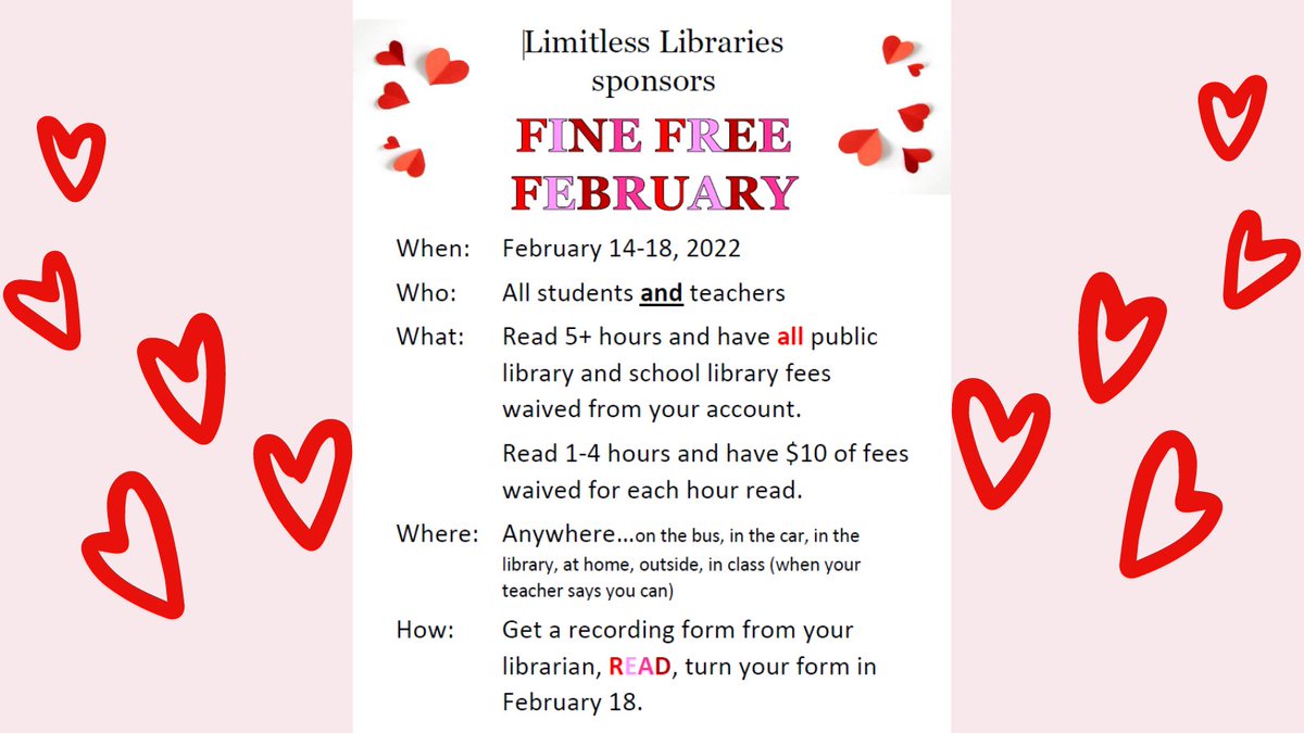 Fine Free February for MNPS Teachers and Students starts February 14-18! Read 5+ hours and have all public and school library fees waived from your account. There is lost book redemption <a href="/MNPSLibraries/">MNPSLibraryServices</a> . Download the form here: jtmoorelibrary.weebly.com