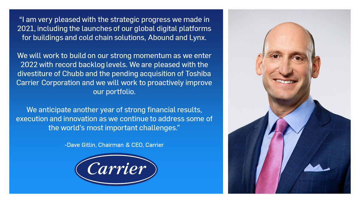 carrier's tweet image. Today we shared our Q4 #earnings and 2021 full year results. Here’s Chairman &amp;amp; CEO Dave Gitlin’s take on the progress we made in 2021. $CARR on.carrier.com/3GCRI9s.