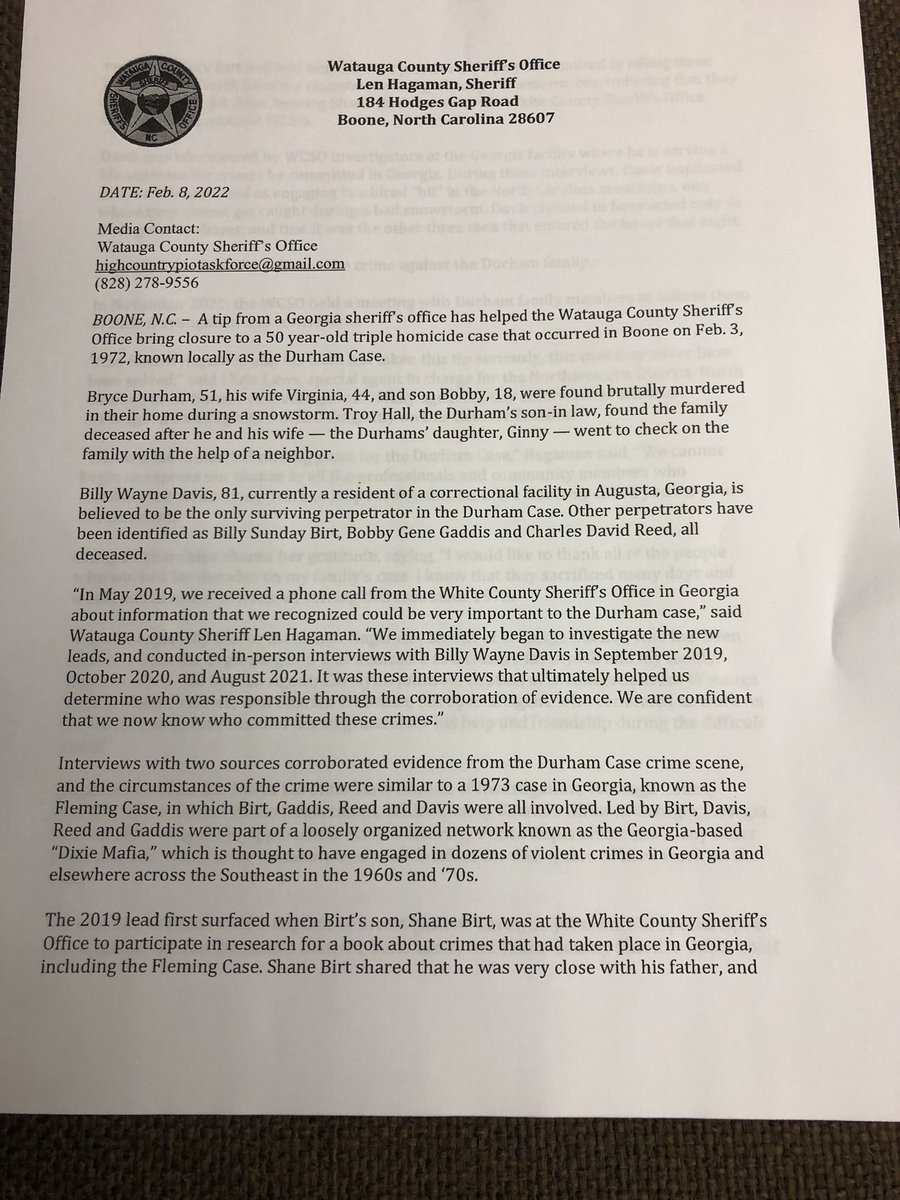 Breaking Boone- a fifty year old triple murder case involving the deaths of the Durham family has been solved.   The suspects were part of a group in Georgia known as the “Dixie Mob”.  Watch channel 9 for updates on this developing story.