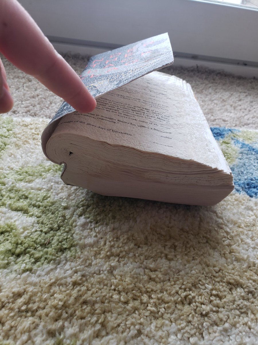 mothsloth's tweet photo. @DanielBGreene I'm gonna give you this here because I always miss these calls for pics. Behold, the most ironically fucked up but still technically readable book. Turns out bad salt lamps can leak salt into the air and this pirate history book was right by it so it looks like a sea barnacle. https://t.co/YKaAupjqdE
