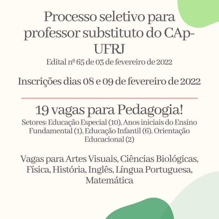 SIBI_UFRJ's tweet photo. #sibiufrjdivulga
Processo Seletivo Simplificado destinado à contratação de professores substitutos para alocação no #CapUFRJ
https://t.co/hazeutNhF3
#capufrj #ufrj #professorsubstituto https://t.co/POkIfVPzaV