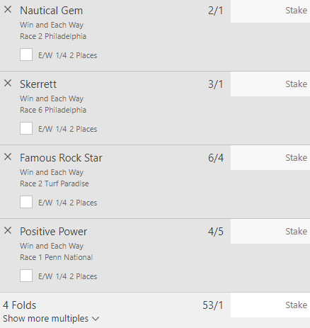 USValueTipper's tweet photo. 53/1, 4-fold from Philadelphia, Turf Paradise and Penn National #gamblingTwittter #Stateside https://t.co/mhrVXZis33