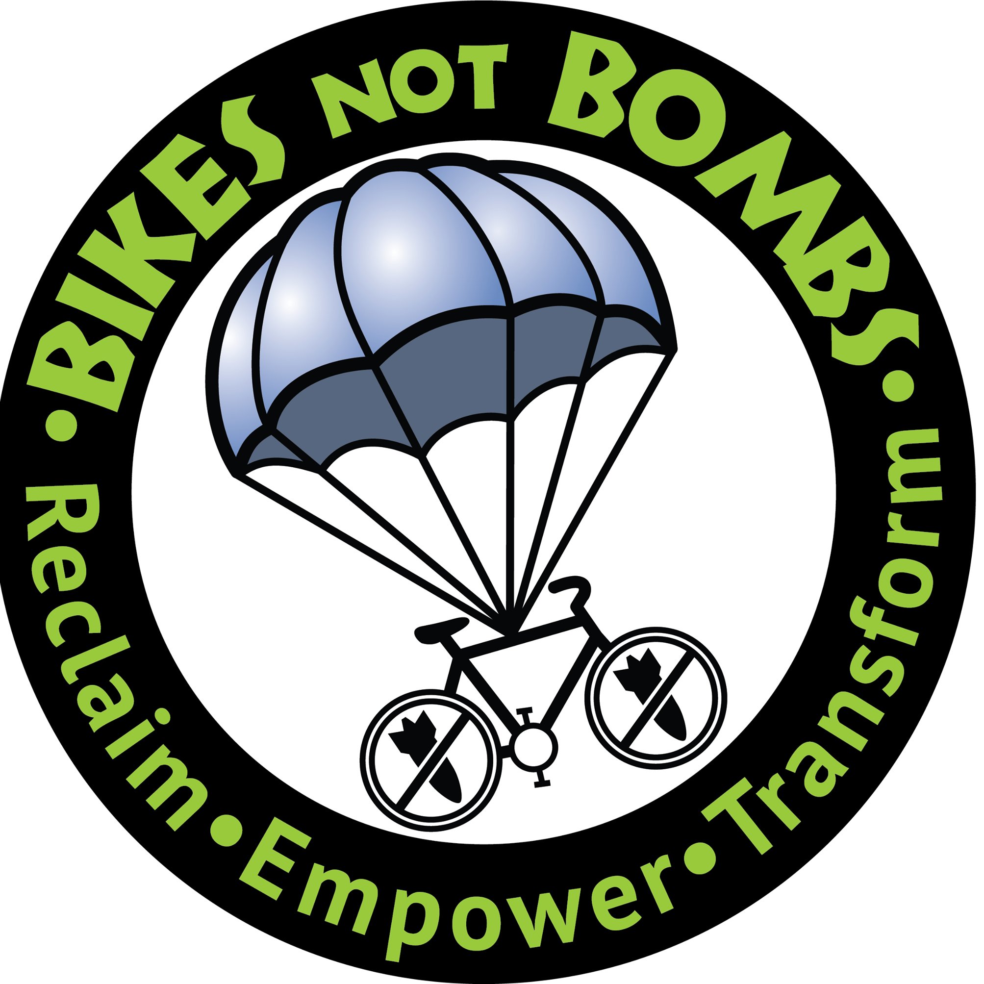 Bikes Not Bombs logo: a bicycle floating under a parachute