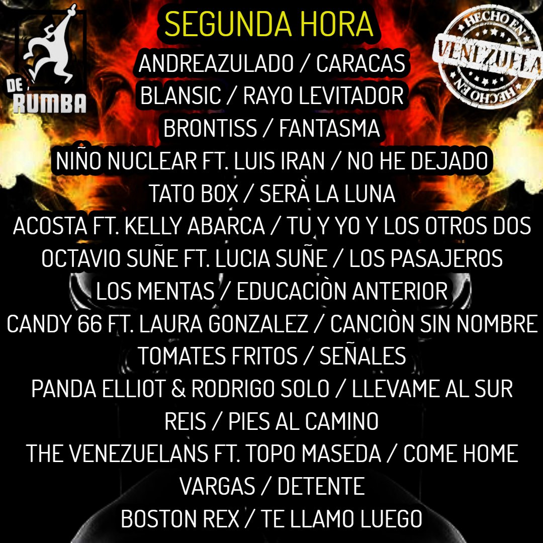 victormendez's tweet photo. Martes Hecho en Venezuela,en la segunda hora sonarán
@andreazulado @blansicbanda @BrontissOficial @Ninonuclear @Tatobox @Acosta_Official @octaviosune @LosMentas @Candy66oficial @tomatesfritos @pandaelliot @reismusicanueva @thevenezuelans @vargasmusica @bostonrex #hechoenvenezuela https://t.co/NRY3r6jqcw