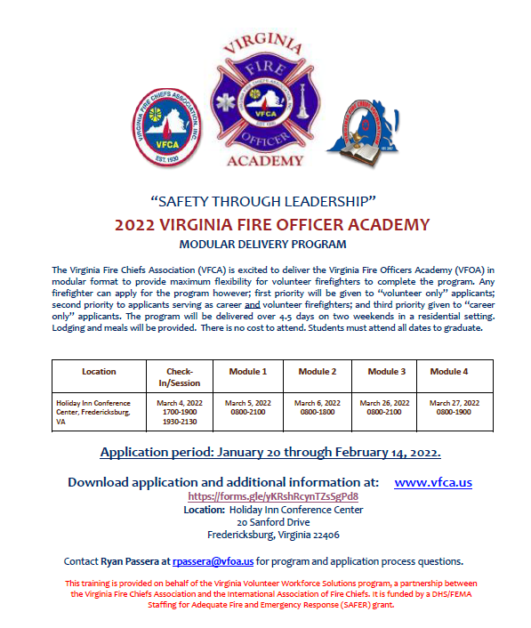 Registration for the Fredericksburg VFOA Modular Program has been extended to 2/14/21! Register today at vfca.us @VWS_IAFC @IAFC @VFOAcademy