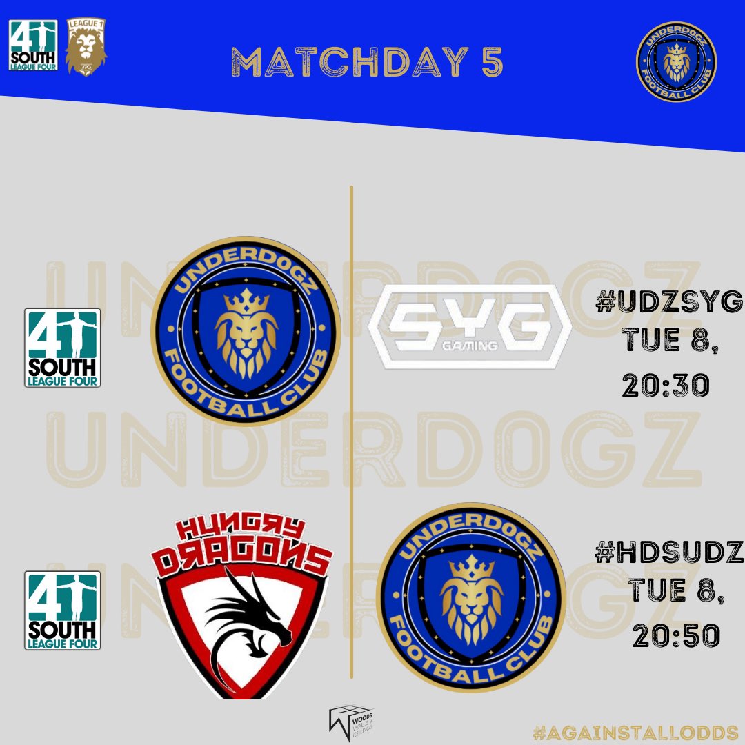 Matchday 5

Game 1 

🏆| English League 4 South
🆚| <a href="/SYGGaming1/">SYG Gaming</a> 
⌚️| 20:30PM GMT

Game 2

🏆| English League 4 South
🆚| <a href="/HungryDragonsFC/">HungryDragonsFC</a> 
⌚️| 20:50PM GMT

#AgainstAllOdds

<a href="/VPGEurope/">Virtual Pro Gaming | Europe</a> <a href="/OfficialVPG/">Virtual Pro Gaming</a>