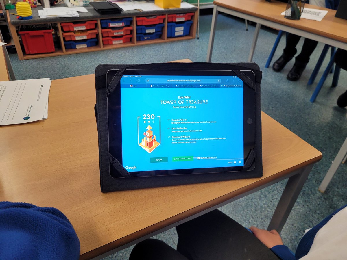 RPSComputing's tweet photo. Pupils  working  hard to outrun the hackers and build a fortress with strong passwords to secure their character's private messages and contact info. #SaferInternetDay #google #toweroftreasure https://t.co/PpOTy2Yc59