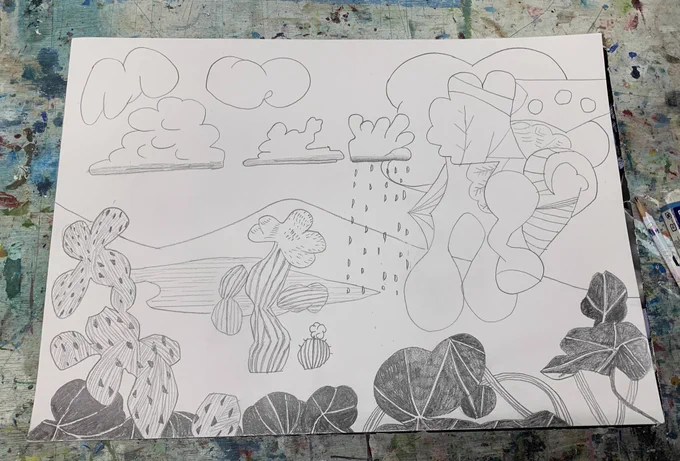 今日は何となく気分が乗らず油絵が描けない日だったので、気分転換にドローイングしてた。手を動かすと新しいアイデアが浮かんでくるね。とにかく毎日スタジオに来て、何かしらするのが大事。何か作り始めると、次にやるべきことが見えて来る。 