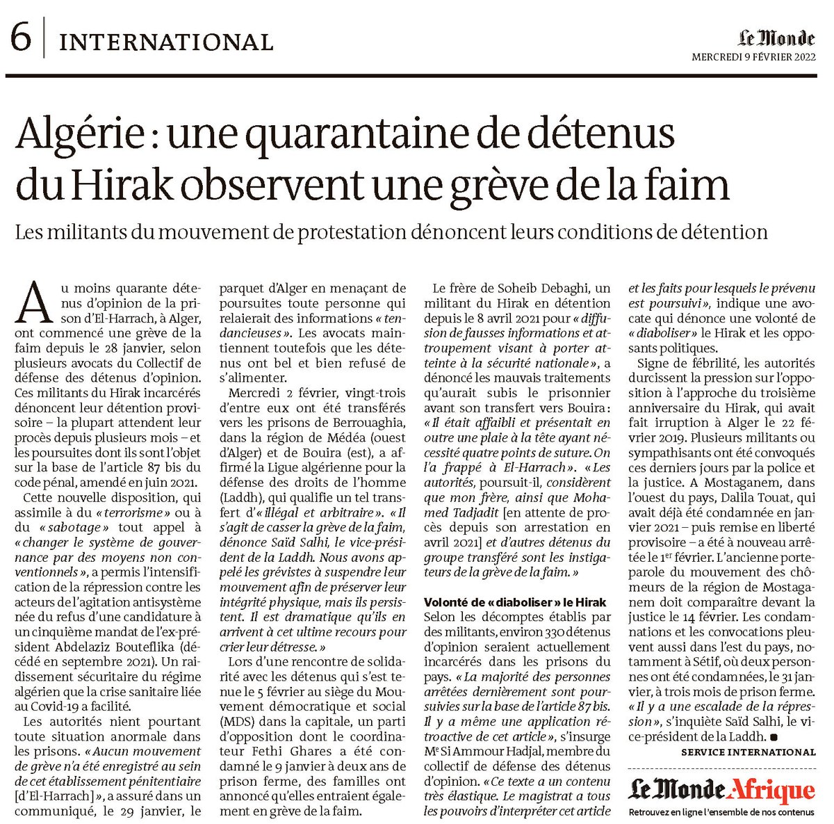 ZiremYoucef's tweet photo. Le quotidien français le Monde est l'un des rares médias internationaux à traiter correctement la situation en Algérie, surtout depuis près de 3 ans après la grande révolte pacifique du peuple contre la junte militaire au pouvoir depuis 60 ans ! ( en photo, le journal du 9/02 https://t.co/xraePqODLM
