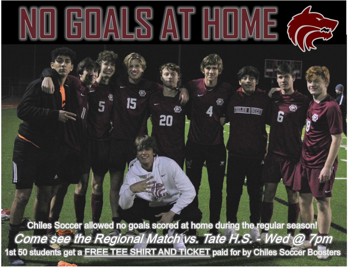 TWolves_Soccer's tweet photo. See Chiles Boys Soccer in the Regional Quarterfinal this Wednesday @ 7pm at Chiles Stadium! First 50 Chiles fans get a free tee shirt and ticket paid for by Chiles Soccer Boosters! @LeadTimberwolf @chsathletics_1 @wolfcenter @AlisonPosey14 @jackgwilliams @bigbendpreps @WCTVSports https://t.co/rACvHkAkYZ