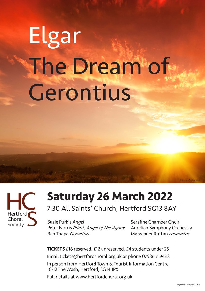 The days are lengthening- we're racing towards our next concert - Elgar's masterpiece The Dream of Gerontius.  Come &amp; hear this wonderful work: March 26th, All Saints Church Hertford, 7.30pm. Tickets from Hertford Town &amp; Tourist Information office, or via hertfordchoral.org.uk/our-concerts/s…
