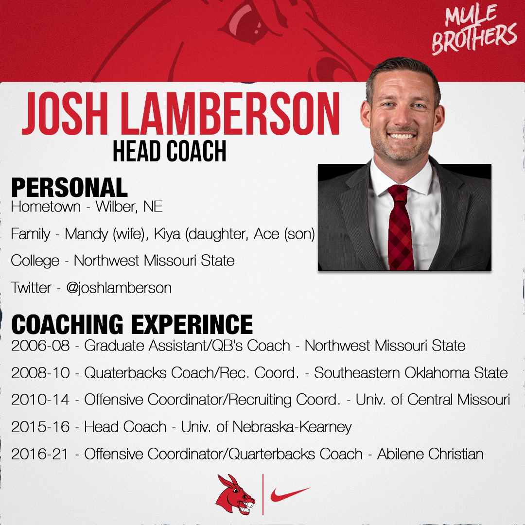 We're excited to welcome Coach <a href="/JoshLamberson/">Coach Lambo</a> back to the 'Burg, as the 30th Head Coach in program history!

#MuleBrothers
#teamUCM