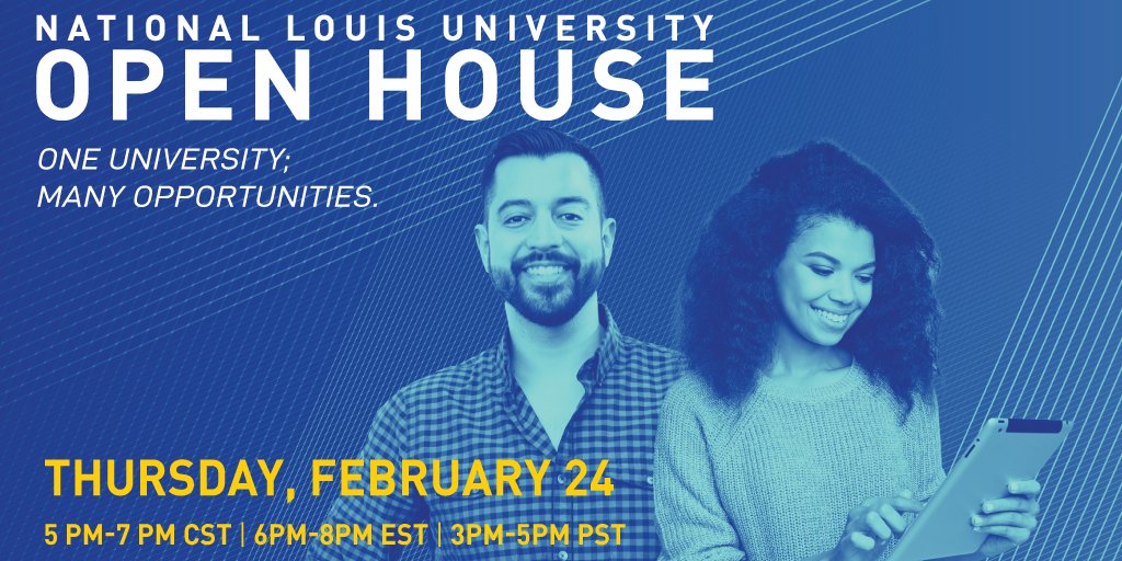 From undergraduate to graduate, certificate to degree-seeking—we invite you to join us for our university-wide virtual open house! Learn how you can achieve your professional goals with the help of National Louis University.
 
Feb. 24 | 5PM - 7PM CST
RSVP: on.nl.edu/RSVPSocial