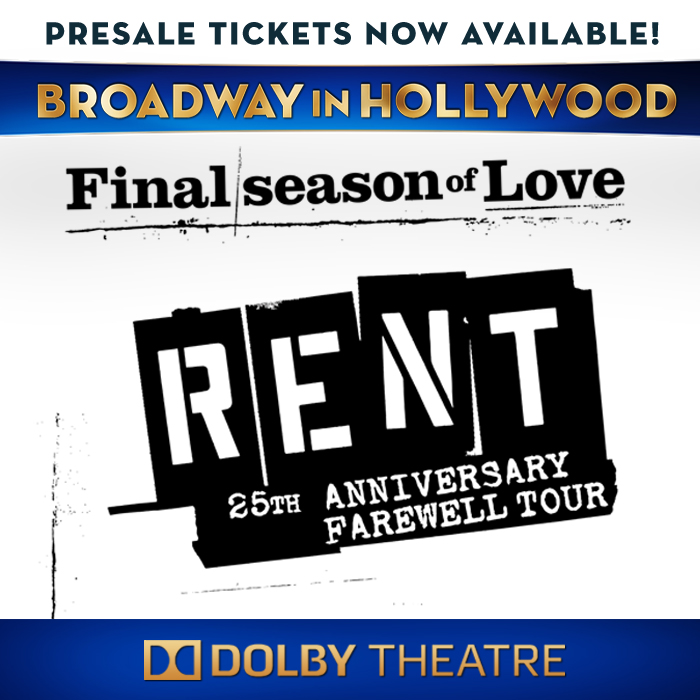 broadwayinhwood's tweet photo. PRESALE TICKETS are now available (thru tom 2/9 @ 11:59pm) for the RENT 25th Anniversary Farewell Tour, playing at the @DolbyTheatre from April 12-17! Use code SOCLAR when purchasing at https://t.co/cil3ZA8AFH 

#RENT25 #Presale #DolbyTheatre #Today4you #TomorrowForMe https://t.co/u9J38vIDBE
