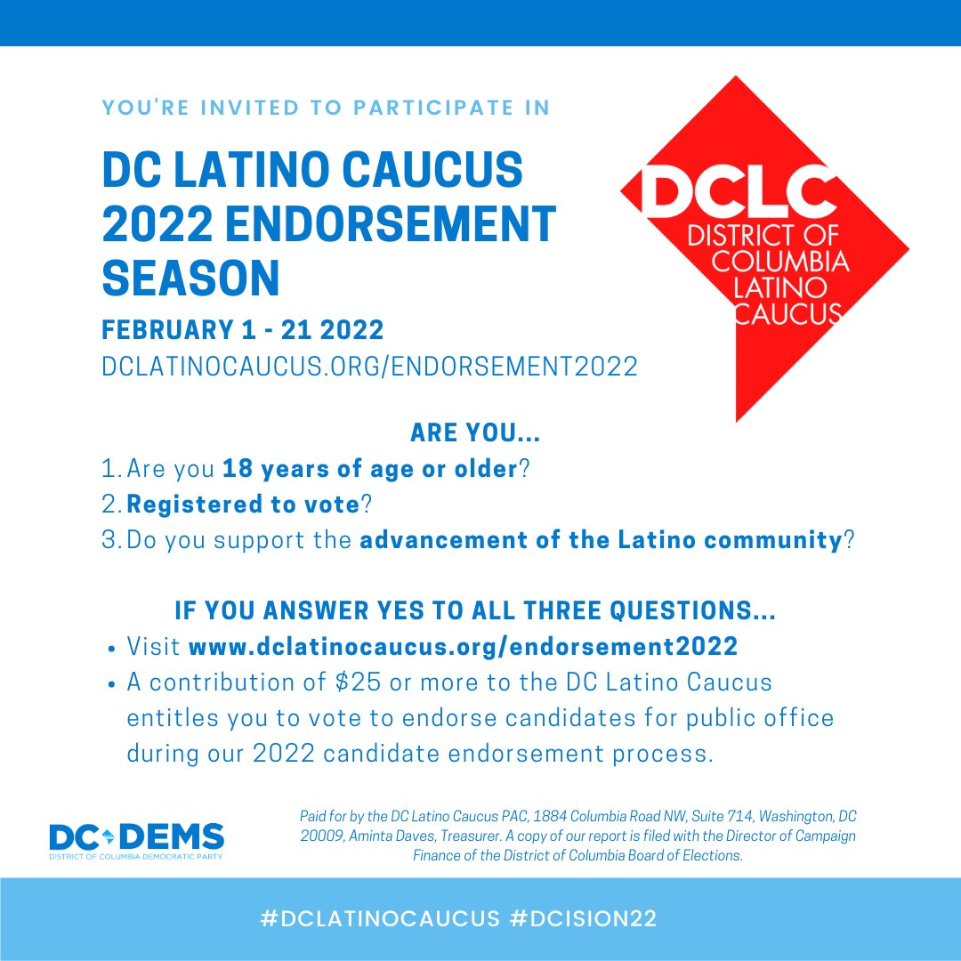dclatinocaucus's tweet photo. Join or renew you DC Latino Caucus by February 21 to qualify to participate in our Candidate Endorsement Process! Learn more https://t.co/mMqKAfgV11 #dclatinocaucus #dcision22 #dcdems https://t.co/eqObTTiKpF