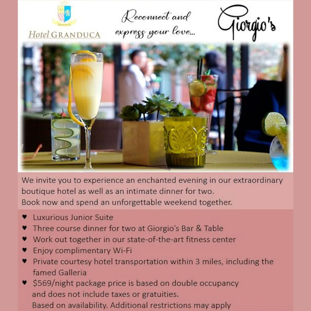 Treat your significant other to a romantic #Valentine’s staycation this weekend. 
For $569 per night, enjoy: 

💕 a stay in our luxurious Junior Suite
💕 Three-course dinner for two at Giorgio’s Bar &amp; Table
💕 and more
buff.ly/3B1WQmF

#hotelgranducahouston #houstontx