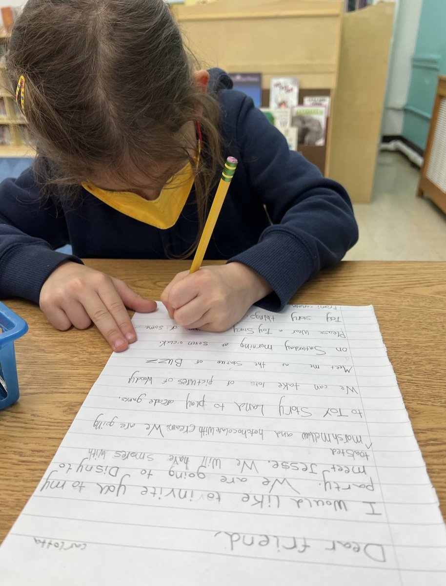 NAISNY's tweet image. Year 2 have been writing birthday party invitations in class. The children used their imaginations to dream up the best birthday party they could think of, then used their Fred Fingers to sound out longer words for more accurate spelling. #nae #naisny #Phonics
