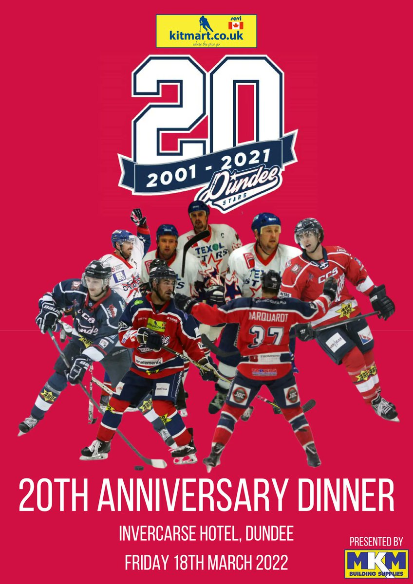 DundeeStars's tweet photo. Limited places remain for the Kitmart Dundee Stars 20th Anniversary Dinner, which has been kindly sponsored by MKM Building Supplies Dundee

Ticket sales will close on Friday at 6pm! So book your place NOW!
https://t.co/PdqnILjkQw

#COYStars #20YearsofStars https://t.co/bKWG8GuQD9