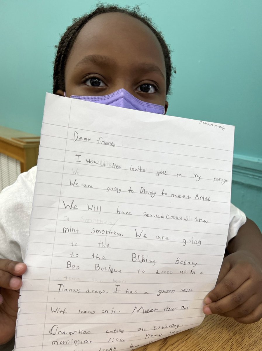 NAISNY's tweet image. Year 2 have been writing birthday party invitations in class. The children used their imaginations to dream up the best birthday party they could think of, then used their Fred Fingers to sound out longer words for more accurate spelling. #nae #naisny #Phonics