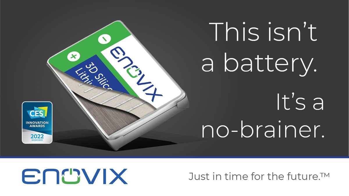 EnovixBatteries's tweet photo. This isn't a battery. It's a no-brainer. Our 100% active silicon anode battery packs the energy needed to power the next-generation of devices. Learn more 👉 https://t.co/Q11ZGeLwmK 
#BatteryInnovation #JustInTimeForTheFuture https://t.co/qs9lJnqE0Q