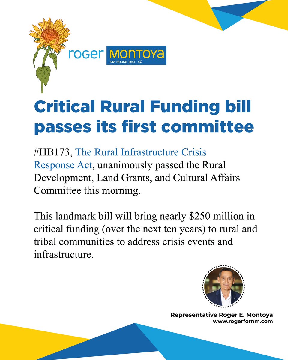 rogerfornm's tweet photo. Today #HB173, The Rural Infrastructure Crisis Response Act, unanimously passed the Rural Development, Land grants, and Cultural affairs Committee. This critical bill will bring nearly $250 million in critical funding and equity to our rural and tribal communities. #nmleg https://t.co/sxA0aj1N8G