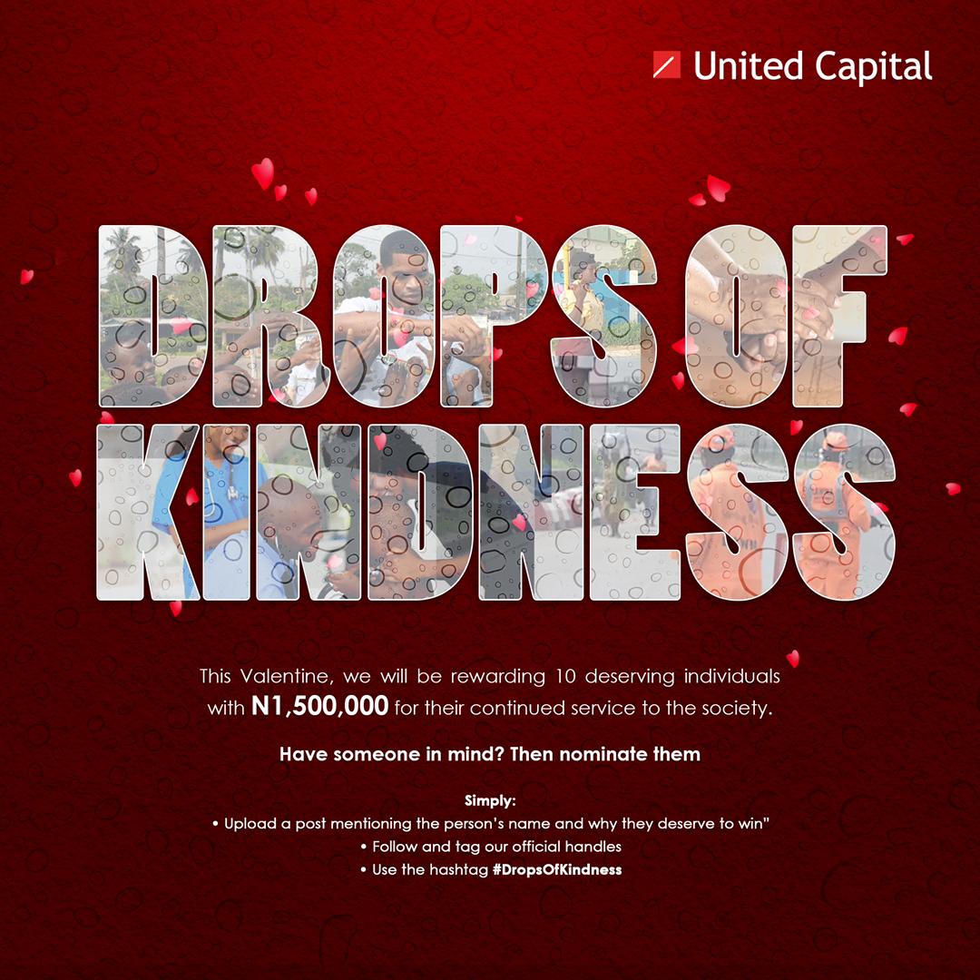 realviva__'s tweet photo. Valentine is the period of love and as a way of showing love @Unitedcap will be giving out N150,000 each to 10 lucky people. All you have to do is nominate people that have been kind and generous to your community.
#DropsofKindness #UCAPDropsofkindness https://t.co/ZLzW0q60kN