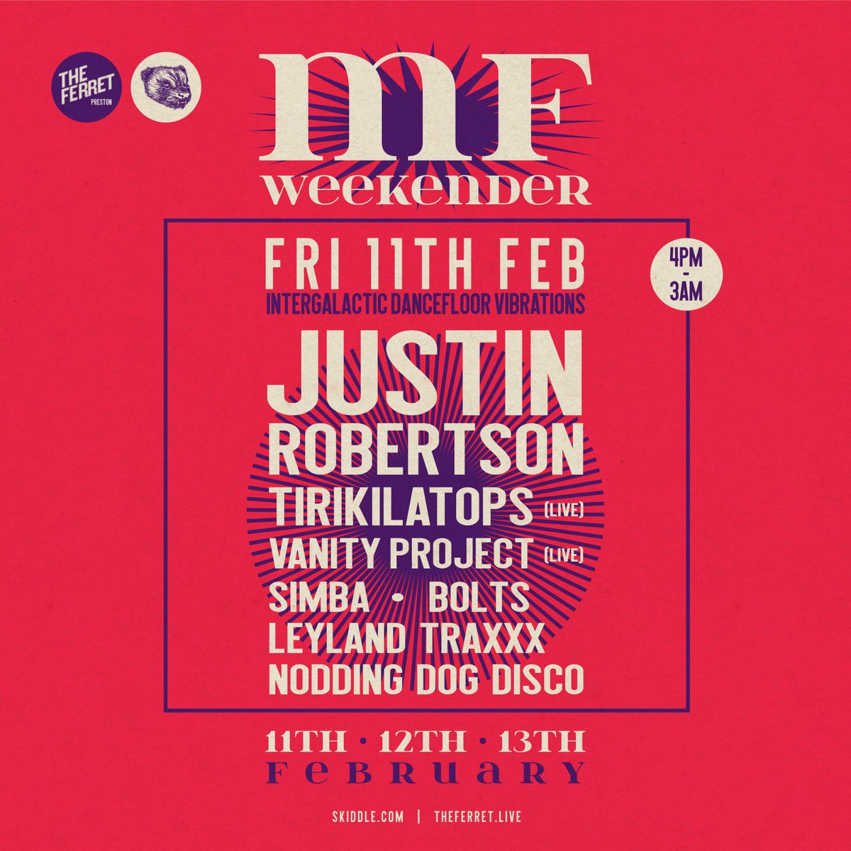 FRIDAY! We welcome the legendary <a href="/robertsonjustin/">Justin Robertson</a>, plus live antics from @Tirikilatops + <a href="/van1typroject/">matt bruce</a> &amp; some of our favourite DJs including <a href="/simbaselecta/">simba selecta</a>, BOLTS, Leyland Traxxx &amp; Nodding Dog Disco.

Fri 11th Feb (4pm - 3am)
INTERGALACTIC DANCEFLOOR VIBRATIONS at <a href="/FerretPreston/">The Ferret</a>