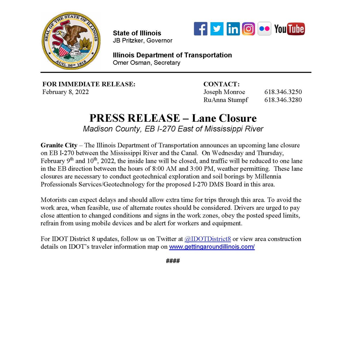 IDOTDistrict8's tweet photo. Planned Lane Closure on Wednesday and Thursday: EB I-270 East of Mississippi River in Madison County. Please plan ahead, expect delays, obey all signage, and use added caution in and around the work zone. #ILTraffic https://t.co/gkzS178LGz