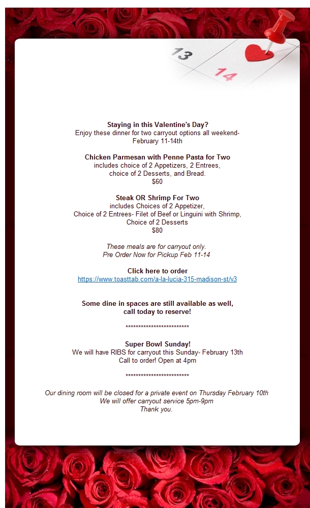 alaLucia's tweet photo. Valentine's Dinner for Two! Pre Order yours starting TODAY! https://t.co/AgV8Wm3a53 https://t.co/p47ADhWyk2