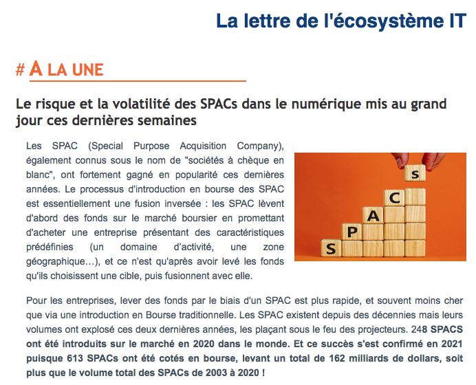 PAC_Analyst_FR's tweet photo. 📢 #Newsletter de Février dispo !
#Edito "Le risque et la volatilité des SPACs dans le numérique mis au grand jour ces dernières semaines"
📈 Chiffre du mois : prévisions de croissance 21/22 des marchés #ITServices en #France #Allemagne #UK et #Europe
➡️ https://t.co/8db2bnVsw6 https://t.co/wRevL6YJto