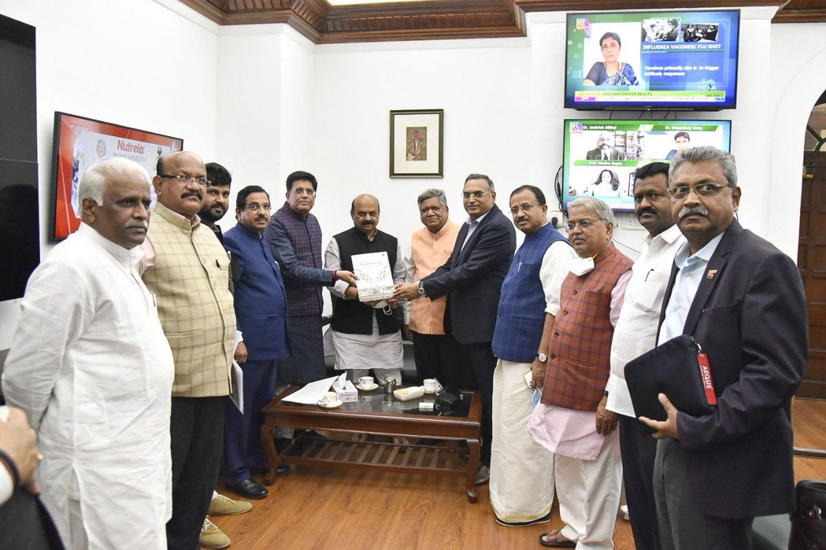 1/3 -  A GOK-Industry delegation led by <a href="/CMofKarnataka/">CM of Karnataka</a> <a href="/BSBommai/">Basavaraj S Bommai</a>, former CM <a href="/JagadishShettar/">Jagadish Shettar</a>, state ministers, MPs from Karnataka and Aequs Chairman @aravindmelligeri called on Minister of Commerce &amp; Industry <a href="/PiyushGoyal/">Piyush Goyal</a>, &amp; Parliamentary Affairs Minister <a href="/JoshiPralhad/">Pralhad Joshi</a> today.