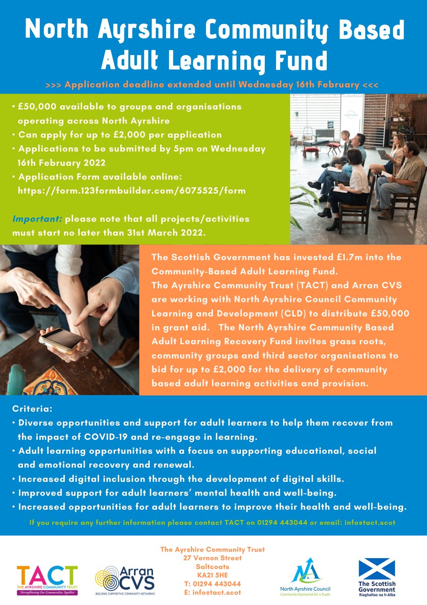 AlisonChalmer17's tweet photo. The North Ayrshire Community Based Adult Learning Recovery Fund invites 3rd sector organisations to bid for up to £2k for the delivery of community-based adult learning activities and provision. Extended closing date 16.2.22 https://t.co/anUXqgCNvR