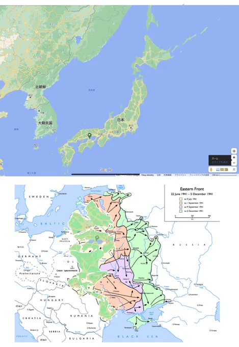バルバロッサの進軍スピードがイメージできなかったので
同じ縮尺の日本地図をぶち込んでみました。
2週間で日本一個くらい 