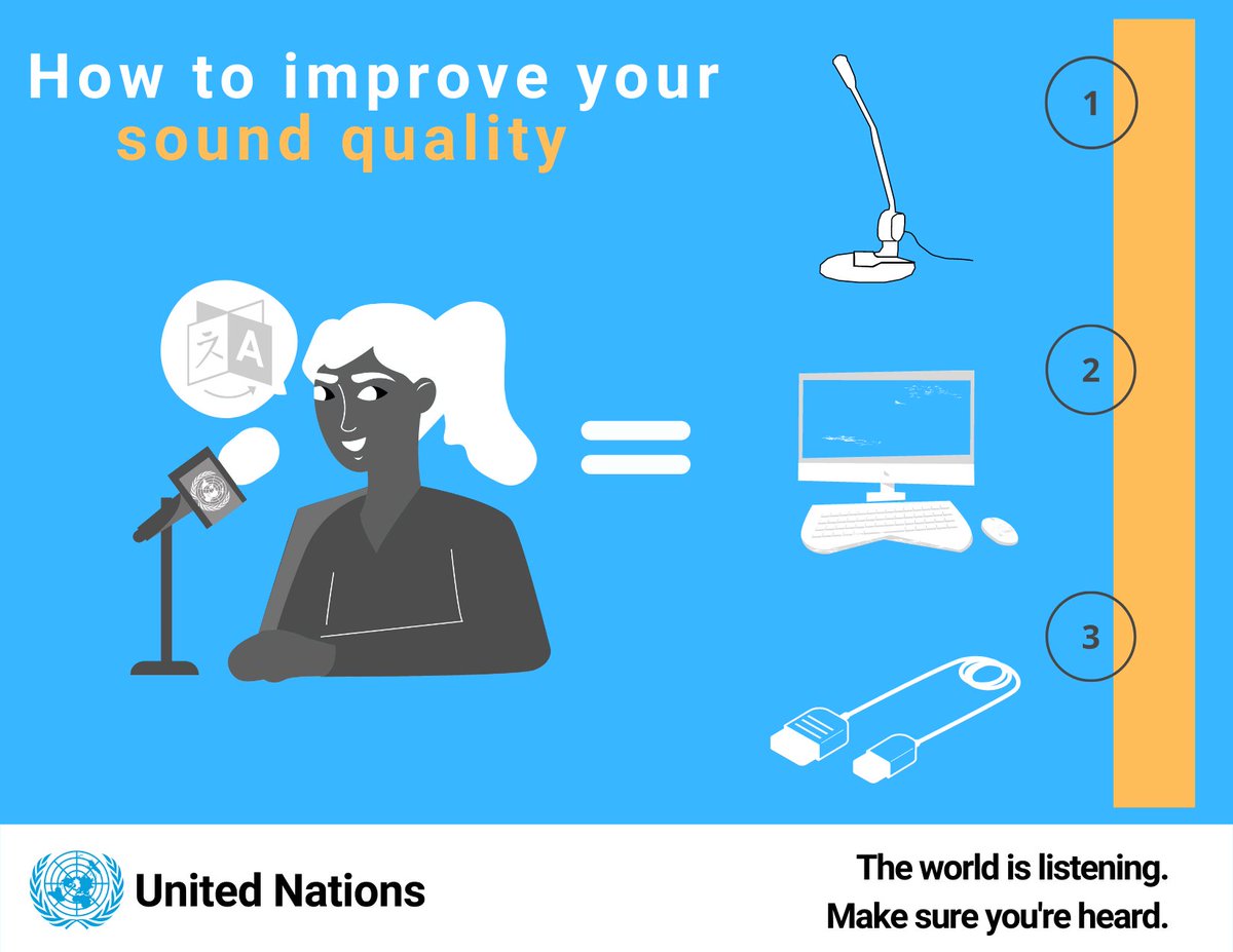UNDGACM_EN's tweet image. 🇺🇳 @UN #interpreters need good sound quality 🔊 to do their job.
Participants in #remote meetings can help our DGACM interpreters by following these steps for better audio 🗣️⬇️
#1nt #RSI