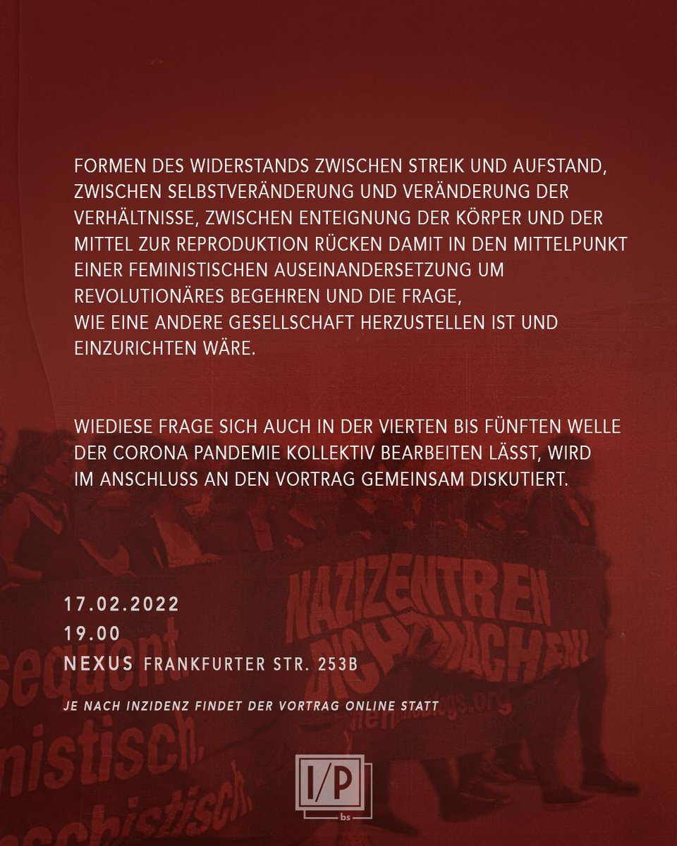 inprogress_bs's tweet photo. Vortrag “Kämpfe um Reproduktion und Feministische Bewegungen in Zeiten der Pandemie” (von &amp; mit Constanze Stutz)
Donnerstag, 17. Februar 2022 | 19 Uhr im Nexus #Braunschweig (Frankfurter Str. 253b)
https://t.co/GqaoEdMz65 https://t.co/hzHZtlJLlm