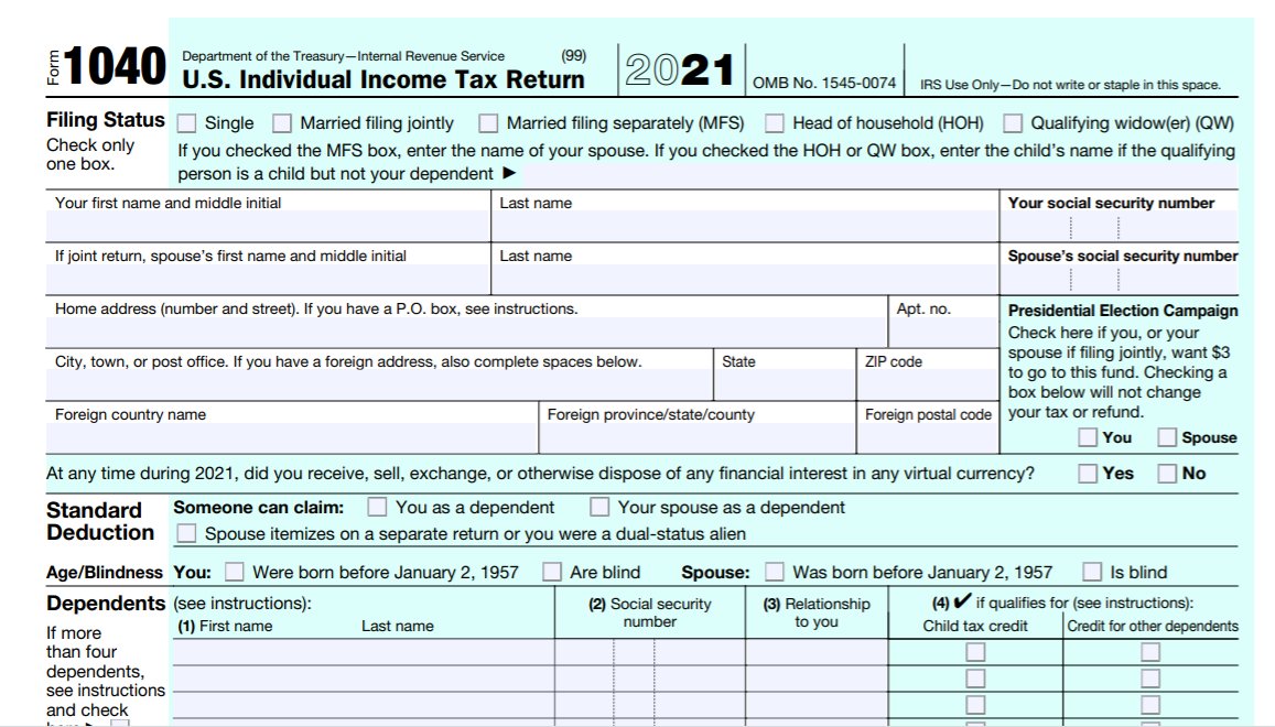tax's tweet photo. Q: How do I report crypto?

A: You’ll see a question about crypto on the front page. The IRS asks, “At any time during 2021, did you receive, sell, exchange, or otherwise dispose of any financial interest in any virtual currency?” You must check yes or no. https://t.co/QVNEfBH3rd