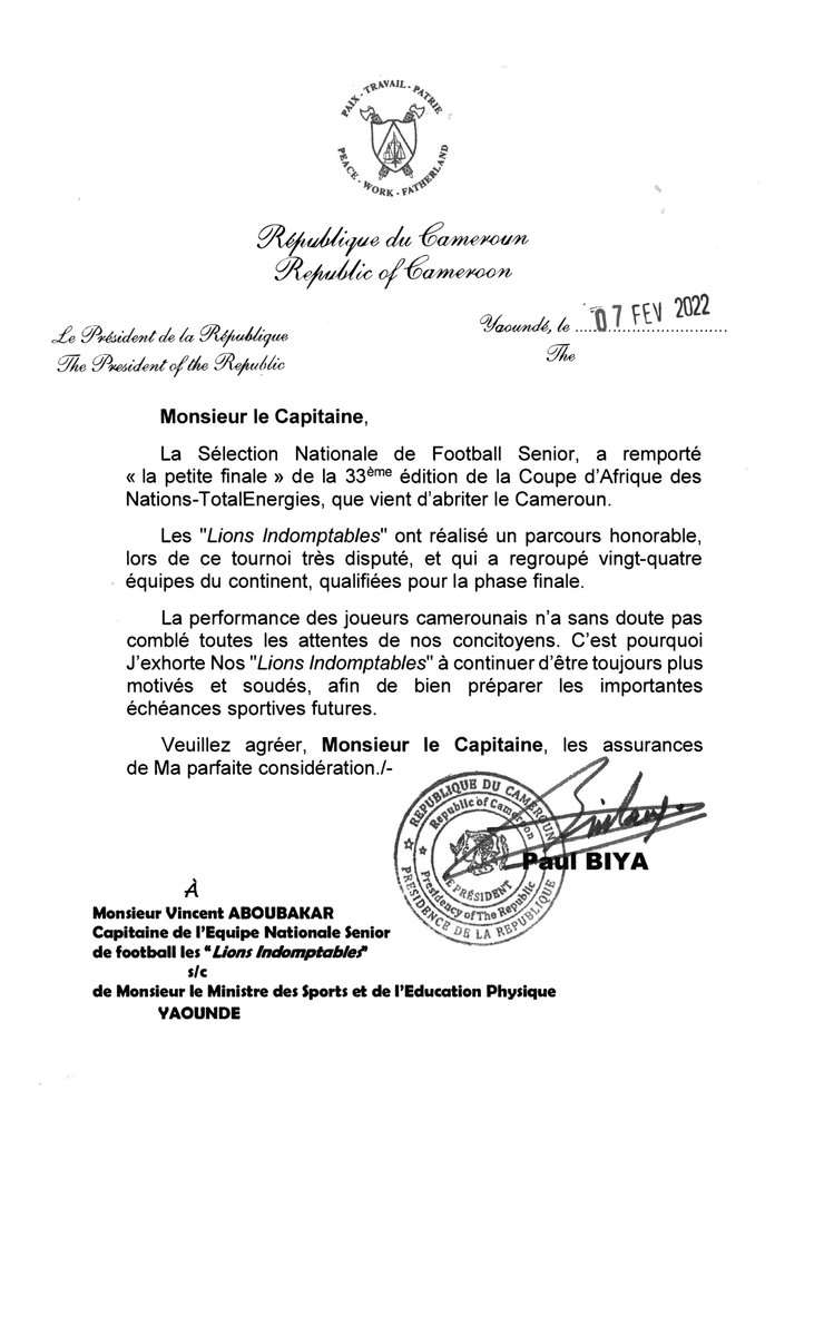 Après un parcours honorable, les "Lions Indomptables" ont remporté « la petite finale » de la 33è édition de la #CAN2021 . Je les exhorte à continuer d'être toujours plus motivés et soudés, afin de bien préparer les importantes échéances sportives futures.
#TeamCameroon