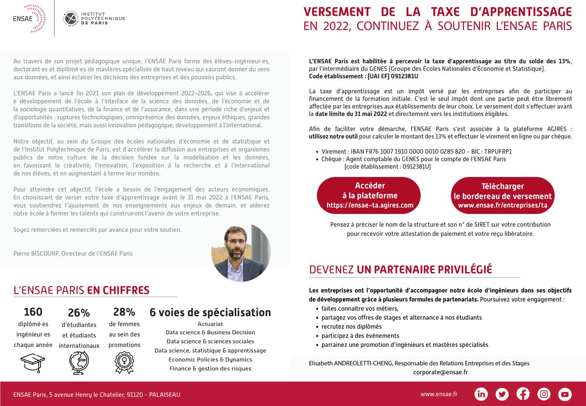 ENSAE Paris (@ensaeparis) on Twitter photo Entreprises, partenaires et alumni : soutenez l'<a href="/ENSAEparis/">ENSAE Paris</a> et l’ajustement de nos enseignements aux enjeux de demain en choisissant de reverser les 13 % du solde de la #TaxeApprentissage à notre école. Merci !
➡️ Info, outil de calcul et de versement : 
ensae.fr/entreprises/ta/ Entreprises, partenaires et alumni : soutenez l'<a href="/ENSAEparis/">ENSAE Paris</a> et l’ajustement de nos enseignements aux enjeux de demain en choisissant de reverser les 13 % du solde de la #TaxeApprentissage à notre école. Merci !
➡️ Info, outil de calcul et de versement : 
ensae.fr/entreprises/ta/