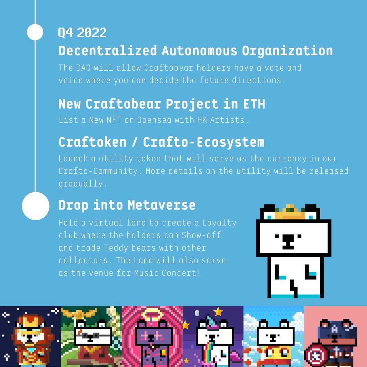 👑Craftobear Roadmap 🧸🇭🇰

#craftobear #Metaverse #SandboxGame #NFT #Solana #SolanaNFTs #teddybear #steiff #crypto #Bitcoin #ETH #SolanaNFT #hongkong #hknft #nfthk