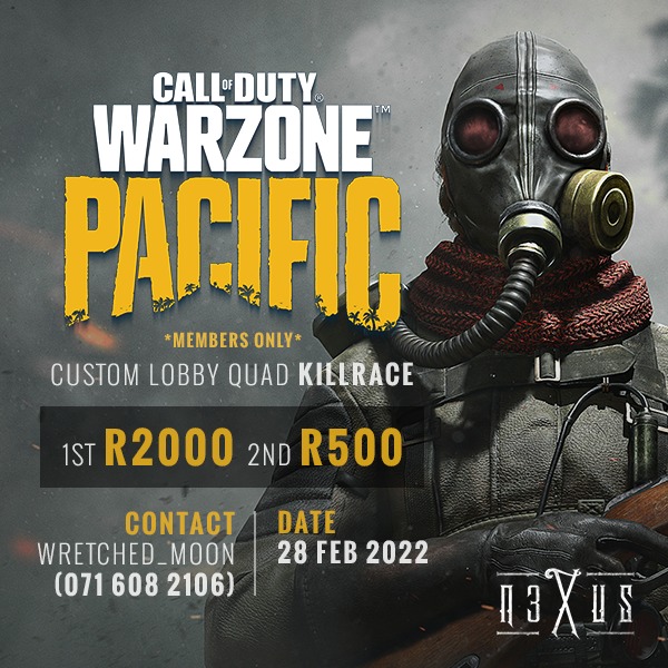 EsportsN3xus's tweet photo. Join us for a Warzone Killrace Tournament (Custom Lobby Quad Killrace on Pacific Map) 😎

*N3XUS members only*

R2000 for 1st place
R500 for 2nd place

Whatsapp Wretched_Moon for enquiries (071 608 2106)

#Warzone #CallofDuty #killrace
#esports https://t.co/r8DwrZ1zVm
