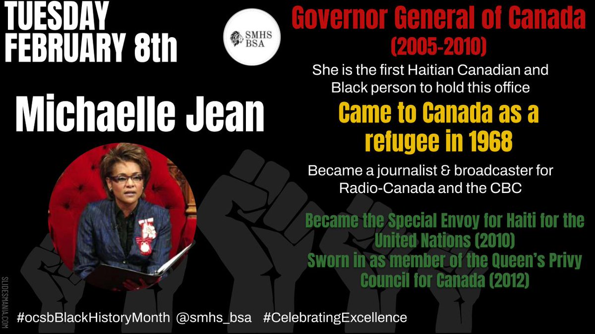 Today <a href="/StMarkOCSB/">St. Mark High School</a> honours her Excellency Madam Former Governor General of Canada Michaelle Jean.  From her inspirational story to her support of the Arts to her unwavering commitment to helping others, she is our #CelebratingExcellence person of the day  #ocsbBlackHistoryMonth